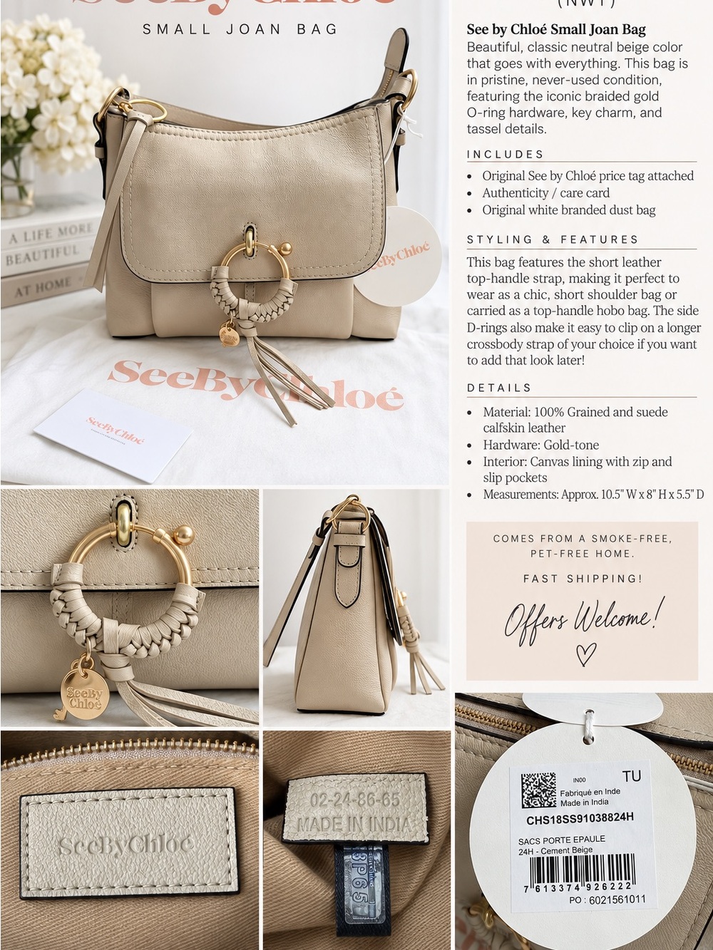 See by Chloé Small Joan Bag Cement Beige Leather NWT